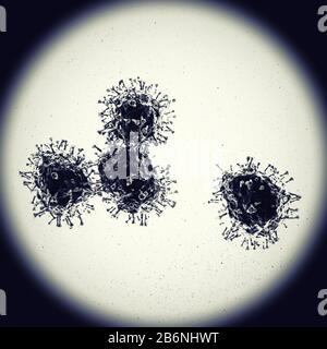 Virus Corona au microscope, rendu tridimensionnel Banque D'Images