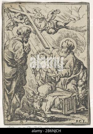 Geboorte van Christus Maria State avec l'enfant du Christ dans ses bras dans l'écurie avec le boeuf et le mule. Joseph prie à côté du mangeur. Deux anges tiennent une grande croix au-dessus de la Christusskind. Fabricant : printmaker Jan Christoffel Jegher (bâtiment classé), conçu par Antoine Slaert (bâtiment classé) éditeur Cornelis Li Lieu fabrication: Anvers Date: 1649 Caractéristiques physiques: Coupe du bois et livre de texte presse le matériau verso: Papier: Technique woodblock / dimensions de presse: Haut: 88 mm × h 62 b mmToelichtPrent de: Anassy, Judfocus. Perpetua crux passio Jesu Christi. Antelon Banque D'Images
