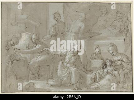 Geboorte van Maria naissance de Mary Type de bien: Dessin Numéro d'objet: RP-T-1886-A-630 (R) Fabrication Créateur: Artiste: Fabrication anonyme: Centre de l'Italie Date: 1580 - 1620 Caractéristiques physiques: Stylo en marron et pinceau en marron et blanc sur papier vert, signature en charbon de bois: Papier anthracite technique: Dimensions du stylet/de la brosse : H 235 mm × l 340 mm Objet : naissance ou Marie Banque D'Images