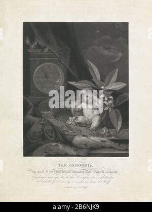 Geboorte van de toekomstige koning Willem III, 1817 Ter geboorte van zijne KH den Prins Willem Alexander Paul Frederik Lodewijk (objet op) Allégory de la naissance de Willem Alexander Paul Frederick Louis, Le prince héritier d'Orange et plus tard le roi William III, le 19 février 1817. Un bébé se crampe de la gaine rompue d'Orange Apple, fruit d'une orange. Il se trouve dans un plat décoré de personnages symboliques. Laissé sur les bras de tapis des Pays-Bas et de la Russie. Arrière gauche une horloge qui lit: Il est né. Dans le ciel de nuit arrière-plan. Lorsque l'image inclut un verklaring séparé. Fabricant Banque D'Images