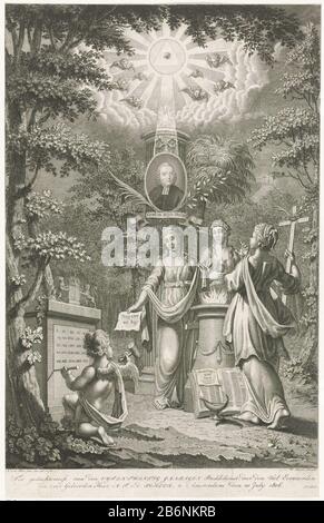 Gedenkteken voor Adolf Frederik van der Scheer Sur un pilier est suspendu un portrait d'Adolf Frederik van der Scheer, prédicateur réformé à Amsterdam. Pour défendre un pilier de sacrifice foi, espoir et Amour. L'espoir montre sur une feuille de papier le contrat à Amor pour travailler encore 25 ans, le pasteur à un monument à burin. Dans le ciel, L'oeil De La Vue Et Cherubs. Poste pour commémorer le 25ème poste de ministre Van der Scheer. Fabricant : printmaker, Noah van der Meer (II) (bâtiment classé) dans son dessin: Noah van der Meer (II) (bâtiment classé) éditeur: Wouter Brave (propriété cotée) Fabrication De Place: Amsterdam Banque D'Images