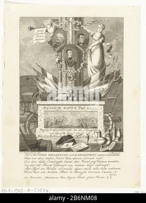 Gedenkzeuil voor de Slag bij Waterloo Sur le piédestal représente la bataille de Waterloo, appelée Batalje sur Bruxelles. Au poste les portraits de Blücher, Wellington et le prince d'Orange, plus tard William II Une jeune femme embellit la colonne avec des guirlandes de fleurs. Derrière la colonne se trouvent les drapeaux des Alliés drapés. Parmi le spectacle une victoire fraîche néerlandaise, signé MVL Fabricant : printmaker Cornelis Boguerts (propriété cotée) à dessin: John de Diepenhuijsen (propriété cotée) écrivain: Monogrammiste MVL (propriété cotée) Lieu de fabrication: Amsterdam Date: CA . 1815 - c 1817 Caractéristiques physiques : etch Banque D'Images