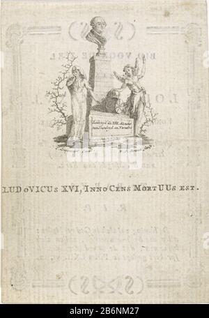 Gedenkteken voor koning Lodewijk XVI van Frankrijk Ludovicus XVI, Innocens Mortuus est (objet titel op) Lorsqu'un mémorial avec le buste de Louis XVI, roi de France, est une femme sombre et un ange pointant vers le ciel. Au verso, l'appel à l'âme de Louis XVI est bidden. Fabricant : printmaker Jacob Willem Struenck (bâtiment classé) Editeur: T. Crayenschot (propriété cotée) Lieu de fabrication: Pays-Bas Date: 1793 - 1813 Caractéristiques physiques: Gravure et texte en typographie sur verso matériel: Papier technique: Gravure / impression formats: Feuille: H 113 mm × W 77 mm Sujet: Tombe, à Banque D'Images