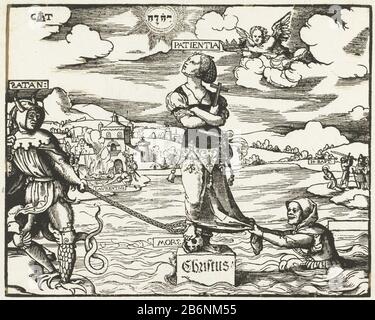 Geduld (Patientia) op een steen in het eau Patience (patientia) sur une pierre dans l'eau, penchant sur le crâne du pied, croisez dans sa main. Une pierre la parole Christ. Sa jambe est de chain Satan a bloqué à sa droite. D'autre part, dessine une figure sur son manteau. Angel volera avec couronne. En paysage sur le cap de Jean-Baptiste et le martyre de la saint-Laurentides. Fabricant : Printmaker Cornelis Anthonisz. (Propriété listée) Lieu de fabrication: Pays-Bas Date: 1507 - 1553 Caractéristiques physiques: Bois mis à jour avec des matériaux de broche: Technique du papier: Bois/plume Dimensions: Image: Banque D'Images