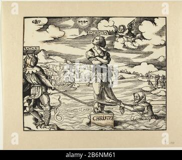 Geduld (Patientia) op een steen in het eau Patience (patientia) sur une pierre dans l'eau, penchant sur le crâne du pied, croisez dans sa main. Sa jambe est de chain Satan a bloqué à sa droite. D'autre part, dessine une figure sur son manteau. Angel volera avec couronne. En paysage sur le cap de Jean-Baptiste et le martyre du Saint-Laurent. Le mot Christ, voyez la pierre n'est pas imprimé ici, mais écrit avec le stylo en deux couleurs inkt. Fabricant : Printmaker Cornelis Anthonisz. (Propriété listée) Lieu de fabrication: Pays-Bas Date: 1507 - 1553 Caractéristiques physiques: Bois mis à jour avec broche Banque D'Images