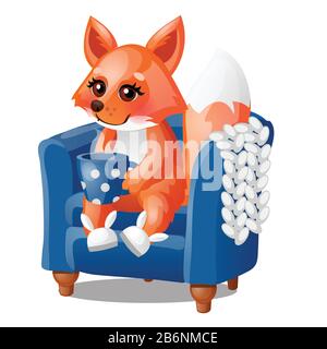 Le renard souriant mignon boit du thé chaud dans une chaise douce isolée sur un fond blanc. Illustration de gros plan de la bande dessinée vectorielle. Illustration de Vecteur