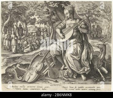 Gehoor Avditvs (objet titel op) de vijf zintuigen (servietitel) la figure allégorique de l'audition. Elle a un luth à la main et joue l'instrument. Elle est accompagnée d'un cerf. En arrière-plan deux scènes bibliques : Jean le Baptiste prêchant à la foule (Jean 1: 6-18), et Dieu punit Adam et Eve (Genèse 3: 8). L'impression a une légende latine et fait partie d'une série de cinq parties sur le zintuiigen. Fabricant : printmaker: Adriaen Collaert (propriété cotée) conçu par: Marten de vos (bâtiment classé) éditeur: Adriaen Collaert (propriété cotée) écrivain : Cornelis KiliaanPlaats fabrication: Imprimer Banque D'Images