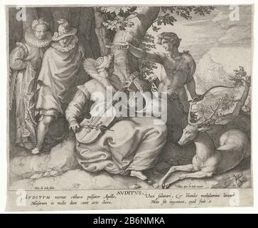 Gehoor Avditvs (objet titel op) de vijf zintuigen (servietitel) Paysage avec la personnification féminine de l'audience, qui joue le violon. Elle est accompagnée d'un cerf et couronnée par Apollo. L'arrière gauche est un couple regardant. Dans la marge, dans deux colonnes, une légende en latin. Imprimez une série de cinq avec cinq zintuiigen. Fabricant : printmaker Pieter de Jode (I) (bâtiment classé) Editeur: Gerard de Jode (bâtiment classé) auteur: Cornelis KiliaanPlaats fabrication: Anvers Date: 1590 - 1632 Caractéristiques physiques: Matériel automobile : papier: Technique engrala (processus d'impression) Dimensions: Feuille: H Banque D'Images