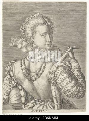 Gehoor Avditvs (objet titel op) de vijf zintuigen (servietitel) une dame élégante à mi-longueur, vue du dos, le luth jouant sur. Présentation de l'audition d'une série de cinq sens. De cette gamme sont seulement l'audition et le sens du toucher est présent dans la collection du Rijksmuseum. Fabricant : fabricant d'impression: Fabricant d'impression anonyme: Gillis van Breen (attribution rejetée) fabricant d'impression: Jacob van der Heyden (attribution rejetée) à un dessin ou modèle de: Date anonyme: CA. 1550 - env. 1650 Caractéristiques physiques: Matériau de la voiture: Papier technique: Engrala (processus d'impression) Dimensions Banque D'Images