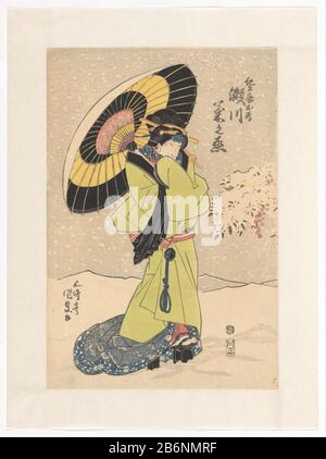 Geisha onder paraplu in de sneeuw Kabuki acteur Segawa Kikunojo V dans le rôle de la concubine Otame, sous un parapluie, dans les étereuw. Fabricant : print maker: Kunisada (I), Utagawa (bâtiment classé) éditeur: Kawaguchiya Shozo (propriété cotée) Lieu de fabrication: Japon Date: 1830 Caractéristiques physiques: Bloc de lignes en noir avec blocs de couleurs matériau: Papier technique: Couleur bois dimensions: H 387 mm × W 263 mmToeliechtLinker feuille d'un triptyque. Deux autres feuilles ontbreken. Banque D'Images