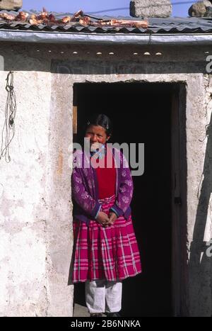 Jeune fille Quechua à l'entrée de la maison sur l'altiplano du Pérou, environ 16 000 pieds. Banque D'Images