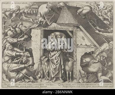 Gelijkenis van Christus als de goede herder Christ debout à la porte des moutons avec un agneau sur ses épaules. À travers les murs latéraux et les voleurs de toit essayant d'envahir et de moutons de la grange pour voler. En arrière-plan à gauche dissipe un bon berger un loup sur le pli. En arrière-plan, l'intérêt droit est un berger engagé loin comme loup. Avec une équipe de deux fois deux lignes en latin, au-dessus de la porte de la grange, une référence à John. 10. Dessin animé sur le Kerk romain. Fabricant : printmaker: Philip Galle (bâtiment classé), conçu par Pieter Bruegel (I) (bâtiment classé) Editeur: Joannes Galle Banque D'Images