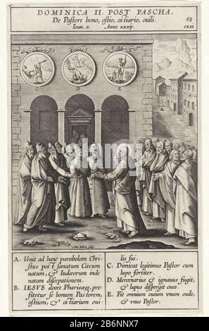 Gelijkenis van de goede herder Dominique II Post Pascha (objet op titel) Christ dit aux Pharisiens le bon berger: Et les moutons entendent sa voix, il appelle ses propres moutons par son nom et les conduit. Sur la façade des médaillons du temple représentant des scènes de la parabole. À divers éléments du spectacle sont des lettres qui correspondent à la légende dans la marge. Fabricant : printmaker Antonie Who: Rix (II) (bâtiment classé), conçu par: Bernardino PasseriPlaats fabrication: Anvers Date: 1593 Caractéristiques physiques: Matière automobile: Technique du papier : engraa (processus d'impression) mesures: Plaque edg Banque D'Images