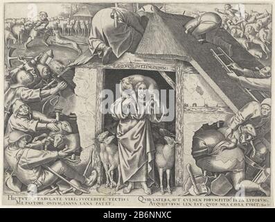 Gelijkenis van Christus als de goede herder Christ debout à la porte des moutons avec un agneau sur ses épaules. À travers les murs latéraux et les voleurs de toit essayant d'envahir et de moutons de la grange pour voler. En arrière-plan à gauche dissipe un bon berger un loup sur le pli. En arrière-plan, l'intérêt droit est un berger engagé loin comme loup. Avec une équipe de deux fois deux lignes en latin, au-dessus de la porte de la grange, une référence à John. 10. Dessin animé sur le Kerk romain. Fabricant : printmaker: Philip Galle (bâtiment classé), conçu par Pieter Bruegel (I) (bâtiment classé) éditeur: Theodoor Gall Banque D'Images