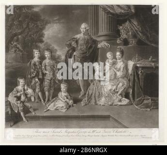 George III van Engeland en zijn gezin la famille royale britannique a été dépeinte par le peintre viennois Zoffany en 1770. Les liens sont les deux fils les plus anciens, George et Frederick; le prince William leur a fait un perroquet et le prince Edward avec un chien. La reine Charlotte tient sa plus jeune fille Sophia sur le bras tandis que la princesse Charlotta Augusta à côté d'elle. Bonne table Où: Le paraphénalia de la redevance. Un an après la création de la peinture de portrait de famille était Earlom, un spécialiste de la technique: Le mezzotint, dans print gebracht. Fabricant : printmaker Richard Earlomnaar peinture par Joh Banque D'Images