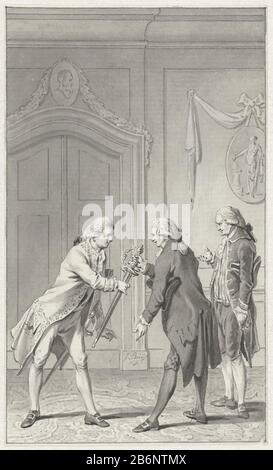 Geschenk aan admiraal Bailli de Suffren namens de Staten-Generaal, 1784 Présentation du don d'une épée dorée à l'amiral français Pierre André de Suffren de Saint-Tropez, pour ses mérites dans la lutte contre les Britanniques dans les Indes orientales, L'épée est présentée au nom des Etats généraux G. Brantsen et l'Estévenon de Berkenrode. Fabricant : artiste: Jacobus Buys (personnellement signé) Lieu Fabrication: Nord des Pays-Bas Date: 1792 Caractéristiques physiques: Stylo et brosse en gris: Technologie de l'encre de papier: Dimensions du stylo / pinceau: H 149 mm × W 90 mmTeekening Banque D'Images