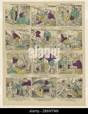 Geschiedenis van Guliver Histoire de Guliver (objet op) Leaf avec 12 représentations de Gullivers Voyage, Où: Sous Gulliver à Lilliput et deux géants Gulliver capture. Sous chaque montre un verset à deux lignes en néerlandais et en français. Affecté au centre supérieur de N. 17. Fabricant : Publisher: Philippus Jacobus Brepols Imprimer auteur: Fabrication anonyme: Turnhout Date: 1800 - 1833 Caractéristiques physiques: Bloc de bois de couleur pourpre, vert et jaune; matériel d'impression de texte: Technique du papier: Coupe du bois / couleurs / formats d'impression: Feuille: H 384 mm × W 307 mm Sujet (scènes de) speci Banque D'Images