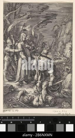 Gevangenneming van Christus de Passie (servietitel) Christus wordt porte soldaten gevangen genomen in de hof van Getsemane. Judas kust Hem op de wang. Op de voorgrond hakt Petrus Malchus een oor af. Fabricant : protmaker: Anoniemnaar prent van: Hendrick Goltzius (vermeld op object)Plaats fabriquent: Nederland Dating: 1598 en/de 1597 - 1667 kenmerken physique: Graviure Material: Papier Techniek: Graveren (drukprocedé) Dimensions: Blad: H 196 mm × b 129 Tobeliktgeelikten: Leliktden Embeliktgeelikden: Leiten. Amsterdam: Jan Philipsz Schabaelje, 1653-1654. Sujet: Le baiser de Judas Banque D'Images