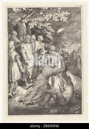 Gevangenneming van Christus de Passie (servietitel) Christ est capturé par des soldats comme Judas l'a trahi avec un baiser. Au premier plan, soulève Simon Peter sont lourds: D à l'oreille pour couper l'hogepriester esclave. Fabricant : printmaker: Nicolaes de Bruyn (bâtiment classé) dans sa conception: Nicolaes de Bruyn Inspiration: Hendrick Goltzius Inspiration: Lucas van Leyden Lieu fabrication: Les Pays-Bas Date: 1618 Caractéristiques physiques: Engrala technique: Papier: Engraa (procédé d'impression) mesures: Bord de la plaque: H 202 mm × W 141 mmToelichtingPrent de la série de douze tirages avec des scènes de TH Banque D'Images