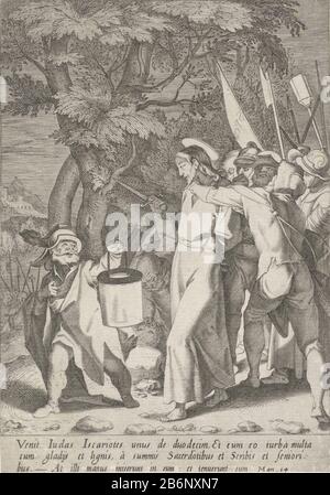 Gevangenneming van Christus Passie van Christus (serietitel) Passionis et resurrectionis (serietitel) Christ arrêté dans le jardin de Gethsemane par des soldats posant avec des halberds et des lanternes se rassemblent autour de lui. Il a chaîné autour de son cou. En arrière-plan est Simon Peter avec un d lourd frappé de l'oreille droite du serviteur Malchus. En marge d'une signature à trois lignes en latin. Imprimez une série de quinze avec la passion de Christus. Fabricant : printmaker Pieter de Jode (I) conçu par Andrea Boscoliuitgever Matteo FlorimiPlaats fabrication: Italie Date: 1590 - 1632 Caractéristiques physiques Banque D'Images