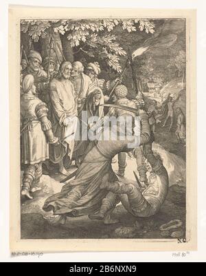 Gevangenneming van Christus de Passie (servietitel) Christ est capturé par des soldats comme Judas l'a trahi avec un baiser. Au premier plan, soulève Simon Peter sont lourds: D à l'oreille pour couper l'hogepriester esclave. Fabricant : printmaker: Nicolaes de Bruyn (bâtiment classé) dans sa conception: Nicolaes de Bruyn Inspiration: Hendrick Goltzius Inspiration: Lucas van Leyden Lieu fabrication: Les Pays-Bas Date: 1618 Caractéristiques physiques: Engrala technique: Papier: Engraa (procédé d'impression) mesures: Bord de la plaque: H 181 mm × W 140 mmToelichtingPrent de la série de douze tirages avec des scènes de TH Banque D'Images