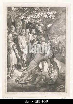 Gevangenneming van Christus de Passie (servietitel) Christ est capturé par des soldats comme Judas l'a trahi avec un baiser. Au premier plan, soulève Simon Peter sont lourds: D à l'oreille pour couper l'hogepriester esclave. Fabricant : printmaker: Nicolaes de Bruyn (bâtiment classé) dans sa conception: Nicolaes de Bruyn Inspiration: Hendrick Goltzius Inspiration: Lucas van Leyden Lieu fabrication: Les Pays-Bas Date: 1618 Caractéristiques physiques: Engrala technique: Papier: Engraa (procédé d'impression) mesures: Bord de la plaque: H 202 mm × W 141 mmToelichtingPrent de la série de douze tirages avec des scènes de TH Banque D'Images