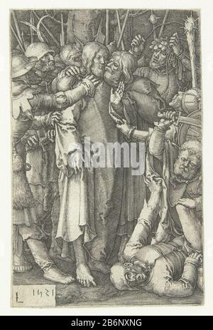 Gevangenneming van Christus de kleine Passie (servietitel) Christ embrassé par Judas et grippé par des soldats. Pierre avec élevé lourd d au-dessus de Malchus. Fabricant : printmaker: Lucas van Leyden (bâtiment classé) dans sa conception: Lucas van Leyden Lieu de fabrication: Pays-Bas Date: 1521 Caractéristiques physiques: Matériau de la voiture: Technique du papier: Engraa (processus d'impression) Dimensions: Feuille: H 116 mm × W 77 mm Sujet: Le baiser de Judas: Accompagné de soldats avec des torches et des lanternes, il embrasse le Christ Pierre tire son épée et coupe l'oreille de Malchus Banque D'Images