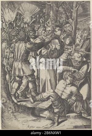 Gevangenneming van Christus Judas Kiss Christ sur la joue à montrer pour cela est l'homme qui prend les soldats capturés. Au premier plan, Peter soulève son lourd d à Malchus son oreille pour slaan. Fabricant : Printmaker: Bartholomeus Willemsz. Dolado (possible) éditeur Claes Jansz. Visscher (II) (bâtiment classé) Lieu de fabrication: Amsterdam Date: 1601 - 1652 Caractéristiques physiques: Matériel automobile: Papier technique: Engraa (impression) Dimensions: Feuille: H 195 mm × W 138 mm Sujet: Le baiser de Judas: Accompagné de soldats avec des torches et des lanternes, il embrasse le Christ Peter tire son épée et Banque D'Images