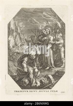 Gevangenneming van Christus Traditvr Iesvs oscvlo Ivdae (objet titel op) de Passie (servietitel) Judas Kiss Christ sur sa joue et l'a trahi aux soldats. À Simon Pierre, premier plan, luttant avec Malchus, serviteur du grand prêtre. Simon Peter est sur le point de baisser son oreille. Quatrième photo d'une série de 13, avec des scènes de la Passion de Christus. Fabricant : printmaker Cornelis Galle (I) (bâtiment classé) Lieu de fabrication: Sud Pays-Bas Date: 1586 - 1650 Caractéristiques physiques: Matériau de la voiture: Papier technique: Engraa (procédé d'impression) dimensions: Bord de la plaque: H 133 mm × W 9 Banque D'Images