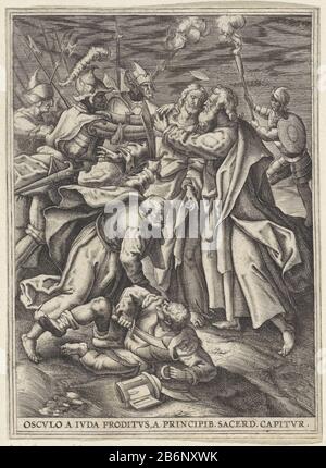 Christ est capturé par des soldats avec des torches et des halberds. Christ Judas Kiss sur la joue. À l'avant, Petrus Malchus attaque avec un lourd : D. Sous une ligne Remarques dans le Latijn. Fabricant : Print Maker: Anonymement à la conception: Maerten la fabrication de VosPlaats: Print Maker: Netherlands À la conception: Antwerpen Date: 1560 - 1600 Caractéristiques physiques: Engraa matière: Papier technique: Engraa (procédé d'impression) mesures: Feuille: H 135 mm b × 99 mm Objet: Le baiser de Judas: Accompagné de soldats avec des torches et des lanternes, il embrasse le Christ Banque D'Images