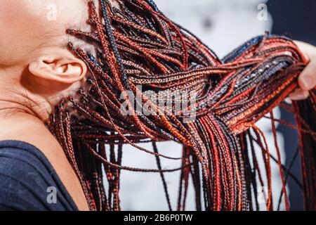 Gros plan sur les tresses afro-pigqueues en Zizi et Kanekalon technique avec des fils multicolores et des readlocks Banque D'Images