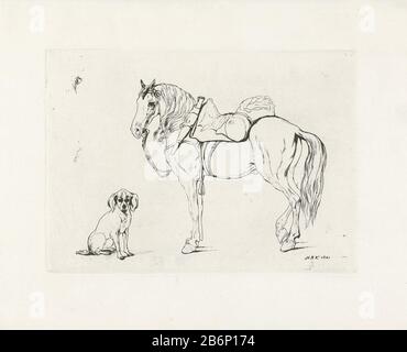 Gezadeld paard en een hond étude d'un cheval saddled avec une bride à et un chien assis. Fabrication Vervaardiger: Print maker: Hendrik Abraham Riveter (indiqué sur l'objet) Date: 1841 Caractéristiques physiques: Technique de gravure: Dimensions de gravure: Bord de la plaque: H 143 mm × W 199 mmToelichtingmodérateur afdruk Sujet: Chien Banque D'Images