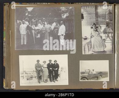 Gezelschappen portretten Album feuille avec des photos d'une fête dans un jardin et une femme assise un oiseau sur la main, a fait les deux vraisemblablement au Suriname. Aussi des photos d'un groupe se posant sur un boulevard et un homme en voiture. Partie de l'album photo d'une famille néerlandaise inconnue avec des connexions au Suriname et aux Antilles néerlandaises de l'est (2) . Fabricant : Photographe: Fabrication anonyme: Pays-Bas Date: CA. 1900 - ca. 1925 matériau: Papier carton technique: Gélatine argent pression / lumière du jour gélatine argent pression dimensions: Album feuille: H 235 mm × b 292 mmToeliechtingZie aussi photographies R Banque D'Images