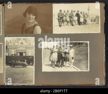 Gezelschappen portret Album feuille avec des photos d'une fête, vraisemblablement sur le boulevard de Scheveningen. Aussi un portrait d'une jeune femme et un compagnon dans une voiture pour l'hôtel d'Orange au Gevers Deynootweg à Scheveningen. Partie de l'album photo d'une famille néerlandaise inconnue avec des connexions au Suriname et aux Antilles néerlandaises de l'est (2) . Fabricant : Photographe: Fabrication anonyme: Scheveningen Dating: CA. 1900 - ca. 1926 matériau: Papier carton technique: Gélatine argent dimensions: Feuille d'album: H 235 mm × b 292 mm Objet: Mana adulte femme automobile hôtel, hôtellerie, Banque D'Images