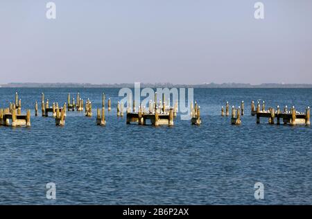 Vestiges d'un ancien quai en bois sur la rivière Indian, Teusville, Floride, États-Unis Banque D'Images