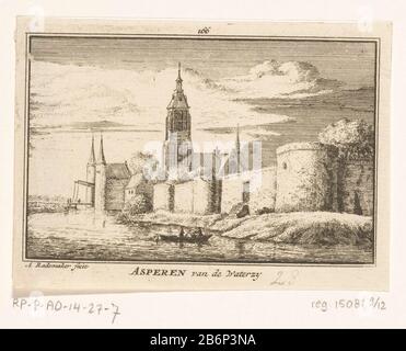 Gezicht op Asperen Asperen van de Waterzy (objet titel op) vue d'Asperen, et une partie du rampart, vu de l'eau . Au premier plan, trois figures dans une barque. Au milieu de l'église. Laissé en arrière-plan le Heukelumse Poort. Fabricant : printmaker: Abraham Rademaker (propriété cotée) Lieu de fabrication: Amsterdam Date: 1725 - 1803 matériau: Technique du papier: Gravure / engrab (procédé d'impression) Dimensions: Feuille: H 79 mm (bord de la plaque intérieure partiellement découpée) b × 110 mm (tôle intérieure découpée) Remarques Imprimer également utilisée dans: Rademaker, Abraham. Armoire hollandaise et faces : Banque D'Images