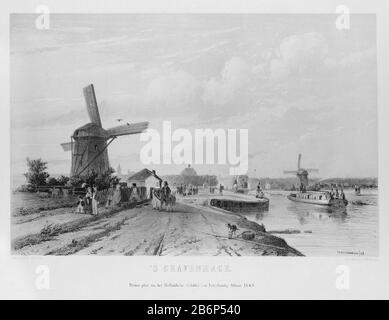 Gezicht op Den Haag's Gravenhage (titre op object) le geop den Haag met des liens en rechts op de oever een molen. Een boot vaart op het water. Op het pad lopen mensen. Premieplaat bij Hollandsche Schilder- en Letterkundig Album 1848. Fabricant : fabricant: Jan Weissenbruch (vermeld op object)naar eigen onwerp van: Jan Weissenbruch (vermeld op object)drukker: Koninklijke Nederlandse Steendrukkerij van C.W. Mieling (vermeld op object)Plaats fabrication: Den Haag Dating: 1848 kenmerken physique: Toonlithografie in zwart met toonblok en beige matériau: Papier Techniek: Toonlithografie Dimens Banque D'Images