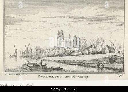 Gezicht op Dordrecht, 1650 Dordreght aan de Waterzy 1650 (objet titel op) vue de Dordrecht sur la rivière Merwede dans la situation autour de 1650. Au premier plan plusieurs figures et bateaux et à l'arrière-plan la Grande Eglise et un certain nombre de moulins et huizen. Fabricant : printmaker: Abraham Rademaker (bâtiment classé) éditeur: Willem Barents Éditeur: Antoni Schoonenburg Lieu de fabrication: Amsterdam Date: 1727 - 1733 Caractéristiques physiques: Matériel de gravure: Technique du papier: Dimensions de gravure: Bord de la plaque: H 80 mm × W 115 mmTopelichtingepostiecatie out: Abraham Rademaker, Matthaeus Brouërius de Banque D'Images