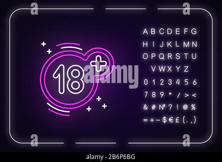 Dix-huit plus icône de néon. Effet brillant extérieur. Signe avec alphabet, chiffres et symboles. Adultes seulement, 18 ans, restriction d'âge. Maturité Illustration de Vecteur