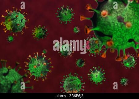 Gros plan du nouveau coronavirus 2019-nCov dans le sang sous microscope, rendu conceptuel en 3 dimensions. Pandémie. Contagion, santé et concepts de vaccins Banque D'Images