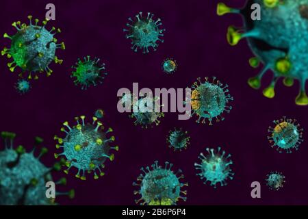 Rendu conceptuel du nouveau coronavirus 2019-nCov closeup sous microscope sur fond violet foncé. Pandémie. Contagion, santé et vaccin Banque D'Images