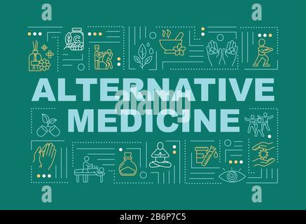 Bannière de concepts de mots de médecine alternative. Pratique et technique médicales complémentaires. Infographies avec icônes linéaires sur fond vert. Isolé Illustration de Vecteur