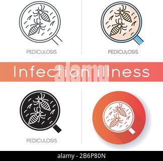 Icône de pédiculose. Styles de couleur linéaire noir et RVB. Problème médical contagieux, maladie épidémique, poux de tête. Insectes minuscules, parasites sous la loupe Illustration de Vecteur