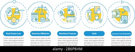 Modèle infographie vectoriel des services de notaire. Accord. Éléments de conception de présentation de solutions de traduction. Visualisation des données en 5 étapes. Processus Illustration de Vecteur