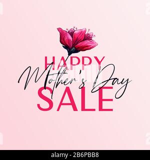 Bannière de vente Happy Mothers Day avec fleurs de prune. Fleur d'aquarelle rose, dessin à la main romantique avec des voeux heureux et élégants de calligraphie. Illustration de Vecteur