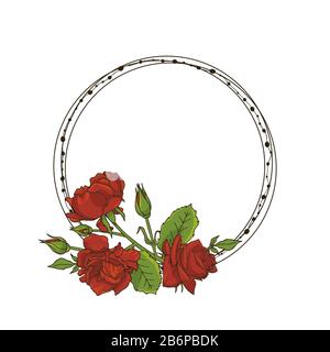 Cadre à lignes rondes avec bouquets de fleurs rouges roses. Illustration vectorielle Illustration de Vecteur