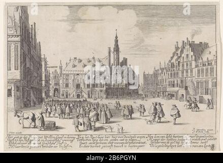 Gezicht op de Grote Markt met het stadhuis te Haarlem Figures sur la Grote Markt à Haarlem. En arrière-plan le stadhuis. Fabricant : printmaker Jan van de Velde (II) (bâtiment classé), conçu par Pieter Jansz. Saenredam (bâtiment classé) Editeur: Pieter Goos (propriété cotée) Lieu de fabrication: Printmaker: Haarlem Editeur: Amsterdam Date: 1628 et / ou 1657 - 1675 Caractéristiques physiques: Gravure et engrama matériel: Papier technique: Gravure / engrama (processus d'impression) Dimensions: Bord de la plaque: H 161 mm × W 237 mmcondition d'impression de ToeliechtingEerdere est également utilisée dans: Ampzing, Samuel. Beschrise i Banque D'Images