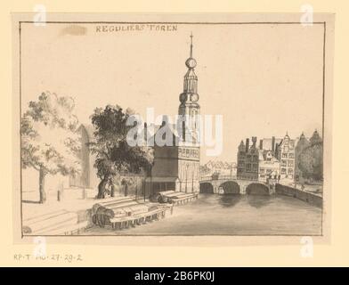Gezicht op de Munttoren te Amsterdam Reguliers Toren (objet titel op) Voir la Tour Munt, jusqu'en 1672 connue seulement sous le nom de Tour régulière, Amsterdam. Vue depuis le Singel. Tour à droite le Muntsluis. Fabricant : artiste: Anonyme Date: 1650 - 1749 Caractéristiques physiques: Stylo en noir et marron, pinceau en gris et brun matériau: Encre papier technologie: Stylo / pinceau Dimensions: Feuille: H 139 mm × W 193 mm Objet: tour, tour d'horloge  monumental adornmentstreet (+ ville (-scape) avec figures, staffage) canaux, eau (en ville) (+ ville (-scape) avec figures, staffage) pont en ville en face de rivière, canal, etc Banque D'Images