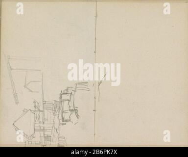 Gezicht op de Nieuwe Teertuinen te Amsterdam a rencontré de Sloterdijkbrug Avec des tonneaux de goudron et une grue teerkokerij. Derrière le pont de l'île Prince. Page 13 et page 14 d'un croquis avec 46 bladen. Fabricant : artiste George Hendrik Breitner lieu de fabrication: Amsterdam Date: Nov 1907 - 1908 Caractéristiques physiques: Crayon matière: Papier crayon Sujet: Pont en ville sur rivière, canal, structures etc.industrial (+ aspects techniques  artisanat, industries, agriculture) Où: Nouveau social Sloterdijk Garden Bridge Prince Eilandsgrissriland Prinseneiland Banque D'Images