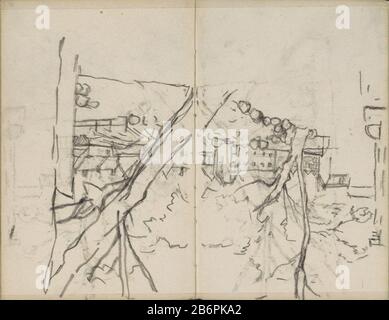 Gezicht op de Nieuwe Teertuinen vue sur les nouveaux fûts de goudron Teertuinen. Au loin le Prince Eilandsgracht et l'île Prince. Page 87 et page 88 d'un carnet de croquis avec 46 lames fabriquées à Anvers, Gand et Amsterdam. Fabricant : artiste George Hendrik Breitner lieu de fabrication: Amsterdam Date: 1907 - 1909 Caractéristiques physiques: Noir craie matière: Papier craie Sujet: Architecture civique; édifices; dwellingstrees Banque D'Images